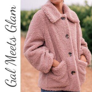 GAL MEETS GLAM Blush Pink Willa Faux Fur Teddy Jacket Fleece, Size Large